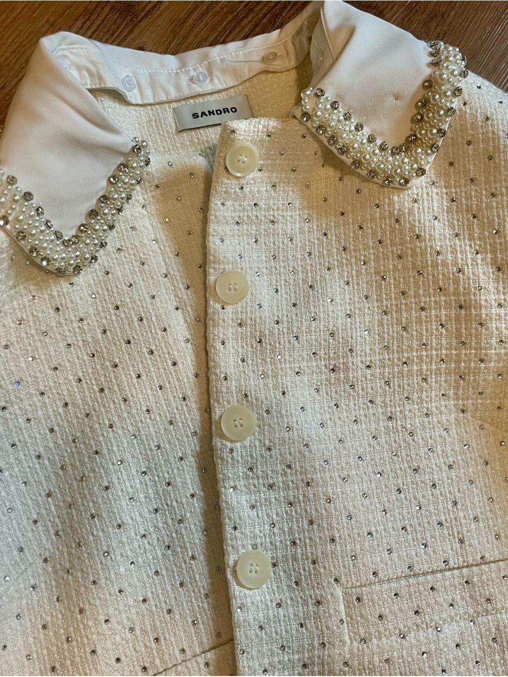 Sandro Paris Cream High-Waist Wide-Leg Pants Rhinestones embellished two-piece - Picture 3 of 4